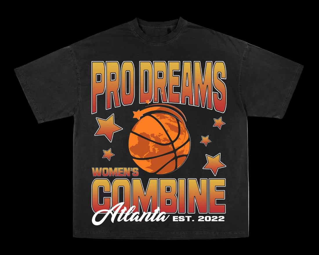 Black t-shirt with basketball graphic and text 'Pro Dreams Women's Combine Atlanta Est. 2022' on a white background